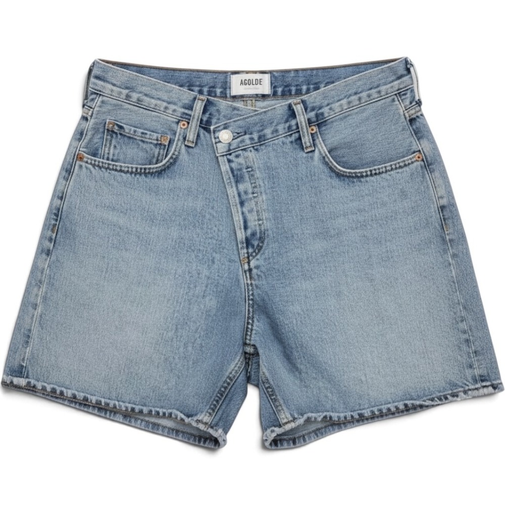 AGOLDE Criss Cross High Waisted Denim Shorts Light Wash Blue Size 28